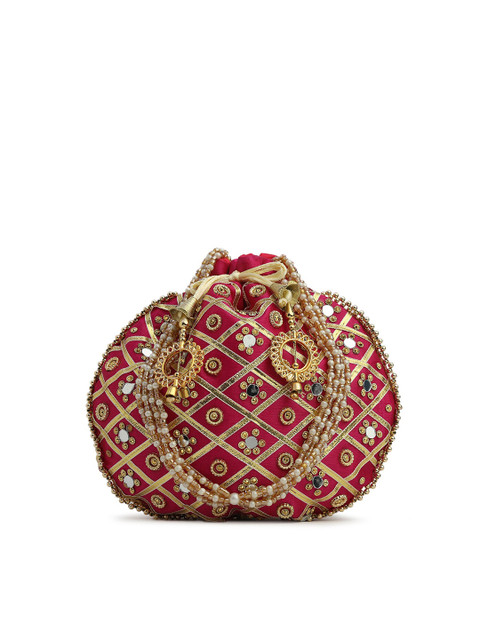 gaura pakhi Fuchsia & Gold-Toned Embellished Potli Clutch