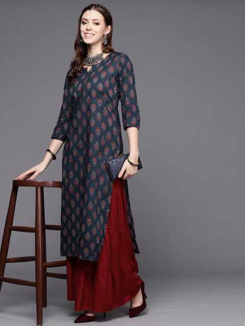 Varanga Navy Blue Ethnic Motifs Jaipuri Printed Cotton Straight Kurta - Image 5