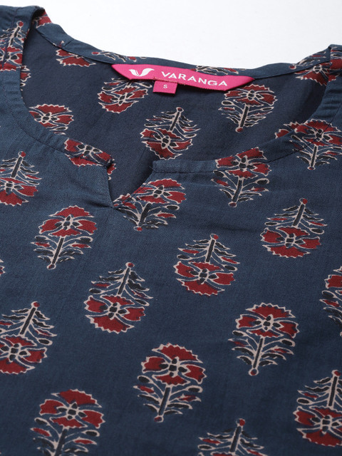 Varanga Navy Blue Ethnic Motifs Jaipuri Printed Cotton Straight Kurta - Image 2