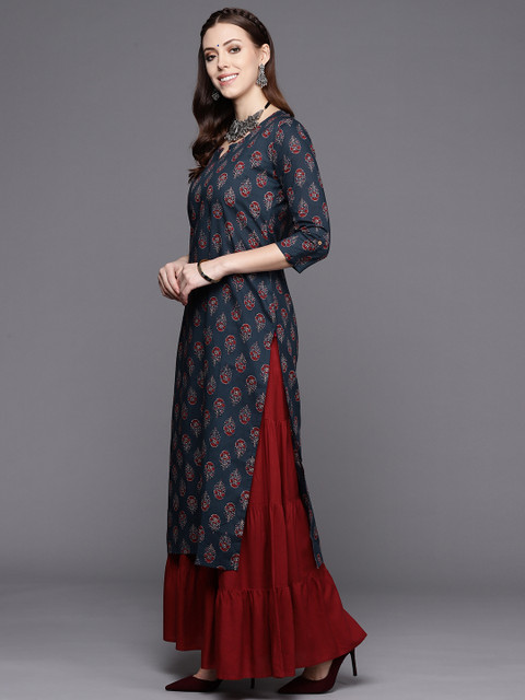 Varanga Navy Blue Ethnic Motifs Jaipuri Printed Cotton Straight Kurta - Image 3