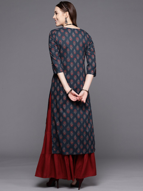 Varanga Navy Blue Ethnic Motifs Jaipuri Printed Cotton Straight Kurta - Image 4