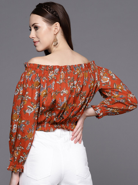 Varanga Maroon Floral Print Off-Shoulder Top - Image 4