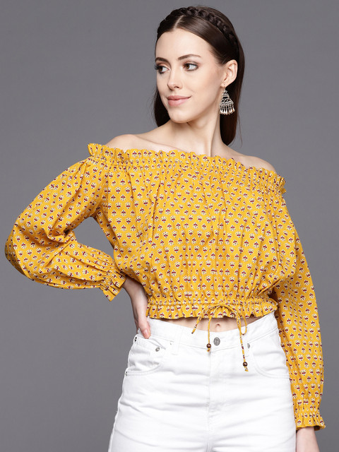 Varanga Mustard Yellow & Maroon Print Off-Shoulder Top
