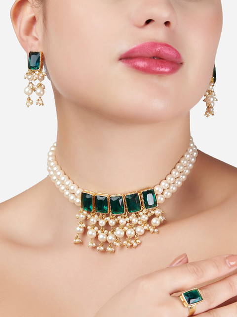 Zaveri Pearls Gold-Plated Green Stone Studded & Pearl Beaded Jewellery Set