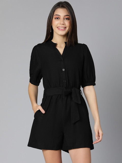 Oxolloxo Black Solid Cotton Jumpsuit