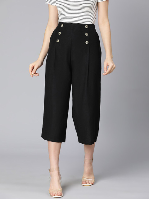 Oxolloxo Women Black Flared Pleated Mid- Rise Culottes Trousers