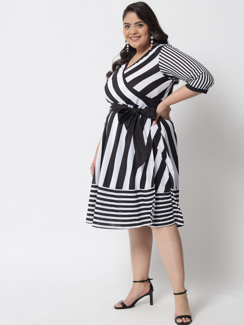 Amydus Black Striped Plus Size Cotton Wrap Dress - Image 4