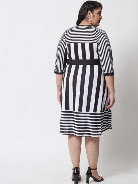 Amydus Black Striped Plus Size Cotton Wrap Dress - Image 5