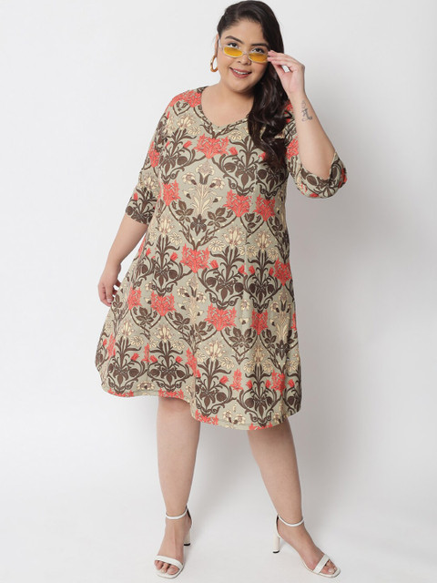 Amydus Plus Size Green Floral A-Line Dress - Image 7