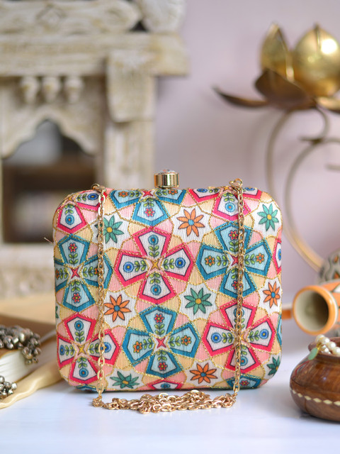 ARTKLIM Pink & Blue Embroidered Box Clutch