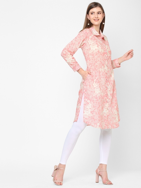 Cloth Haus India Women Pink Floral Printed Shirt Collar Modal Kurti - Image 3