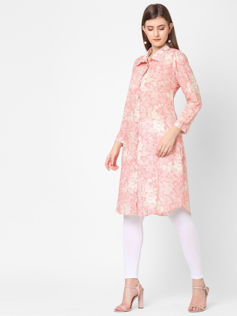 Cloth Haus India Women Pink Floral Printed Shirt Collar Modal Kurti - Image 4