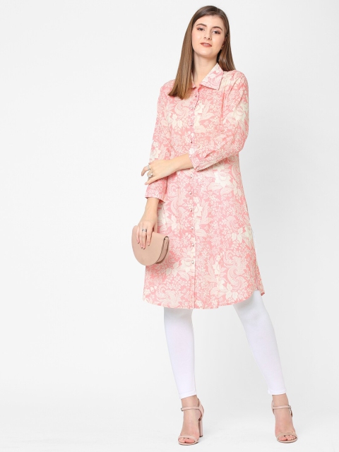 Cloth Haus India Women Pink Floral Printed Shirt Collar Modal Kurti - Image 6