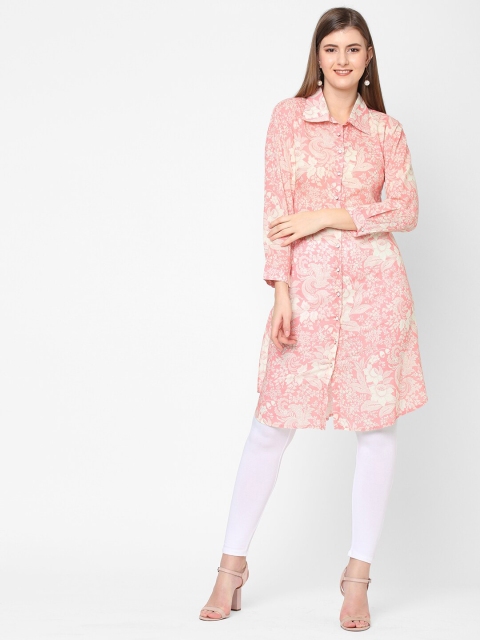Cloth Haus India Women Pink Floral Printed Shirt Collar Modal Kurti