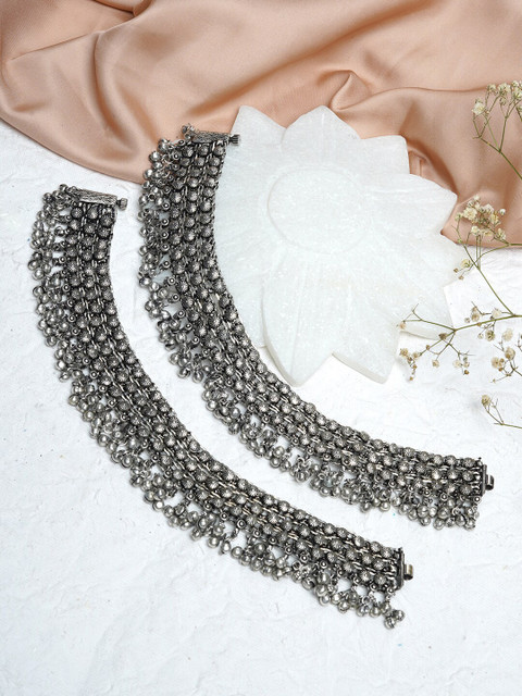 TEEJH Women Oxidized Silver-Toned Ghungroos Beaded Anklet