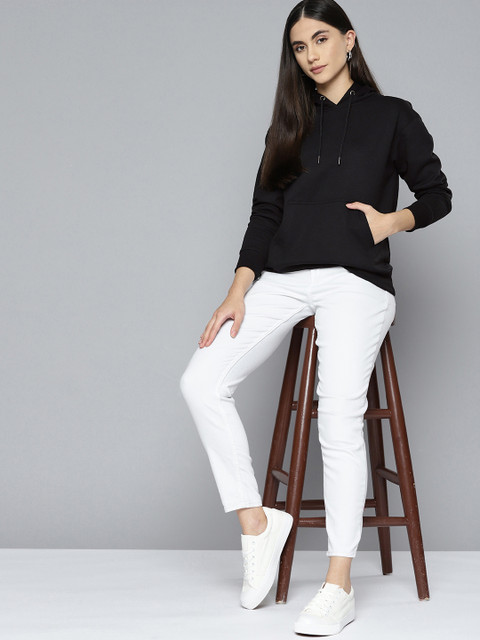 Chemistry Women Black Solid Hooded Sweatshirt