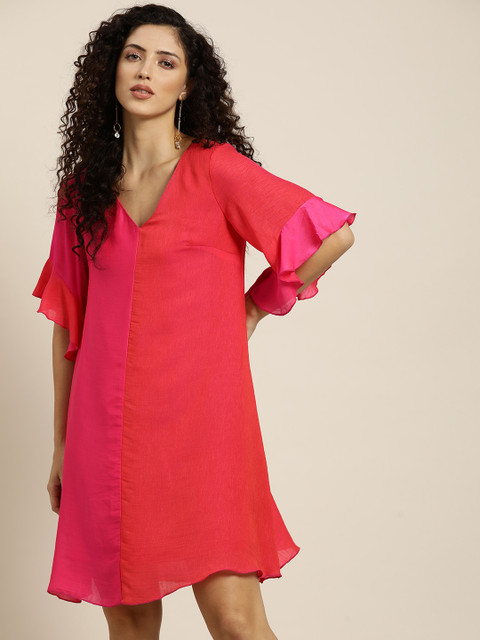 Qurvii Fuchsia & Red Colourblocked Bell Sleeves A-Line Dress