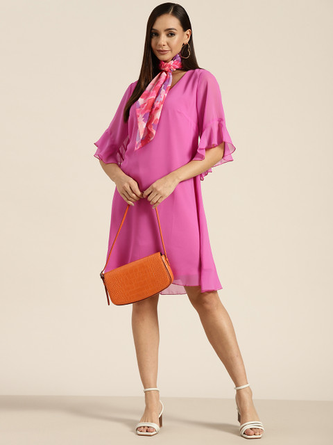 Qurvii Pink Solid V Neck Bell Sleeves Georgette A-Line Dress With Scarf - Image 6