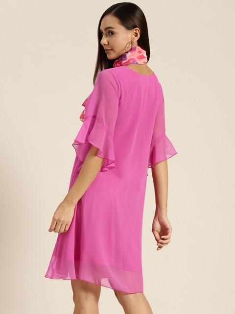 Qurvii Pink Solid V Neck Bell Sleeves Georgette A-Line Dress With Scarf - Image 5