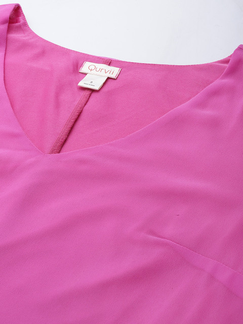 Qurvii Pink Solid V Neck Bell Sleeves Georgette A-Line Dress With Scarf - Image 2