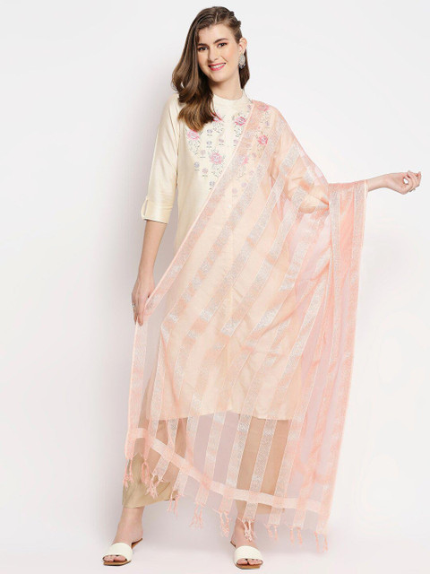 Dupatta Bazaar Peach-Coloured & Silver-Toned Striped Organza Dupatta