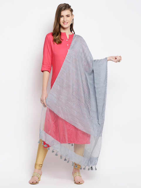 Dupatta Bazaar Grey & Pink Woven Design Linen Dupatta