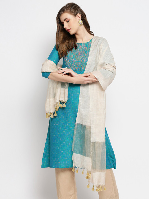 Dupatta Bazaar Gold-Toned Woven Design Linen Dupatta - Image 5
