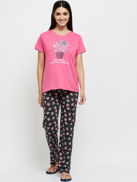 max Women Pink & Charcoal Printed Cotton Night suit
