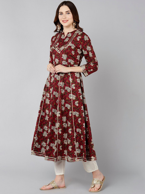 ZNX Clothing Women Maroon & Black Floral Printed Anarkali Kurta - Image 3