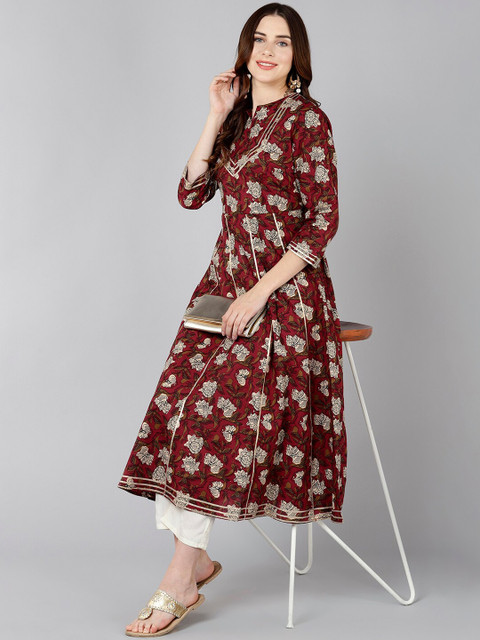 ZNX Clothing Women Maroon & Black Floral Printed Anarkali Kurta - Image 5