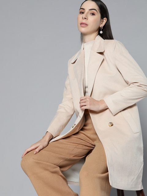 Chemistry Women Beige Solid Corduroy Overcoat