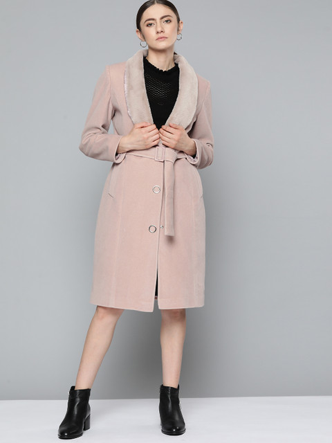 Chemistry Women Dusty Pink Solid Belted Faux Fur Trim Longline Overcoat - Image 3
