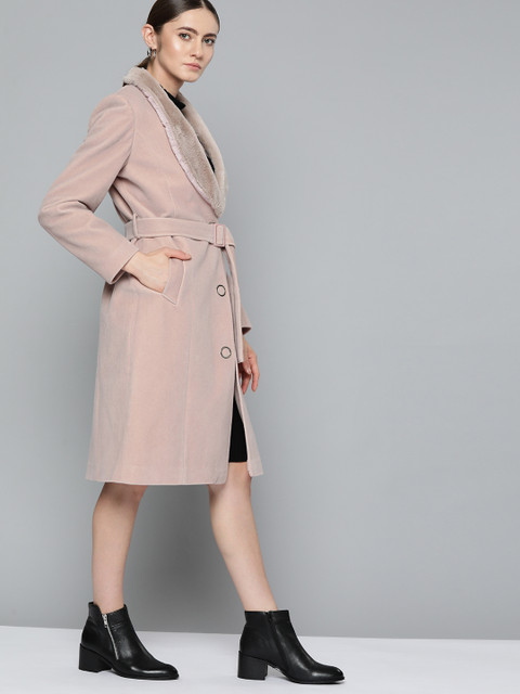 Chemistry Women Dusty Pink Solid Belted Faux Fur Trim Longline Overcoat - Image 4