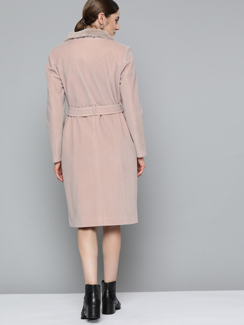 Chemistry Women Dusty Pink Solid Belted Faux Fur Trim Longline Overcoat - Image 5