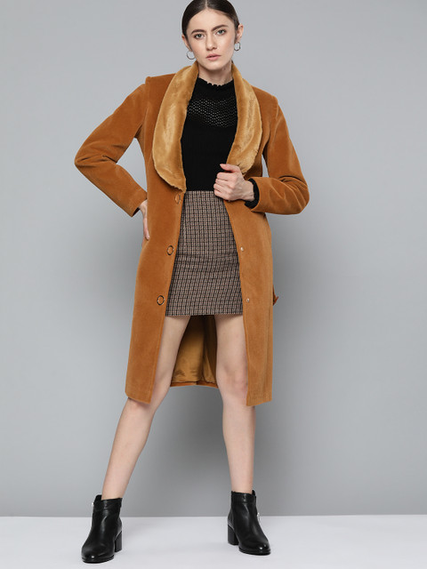 Chemistry Women Brown Solid Open Front Faux Fur Collared Longline Overcoat