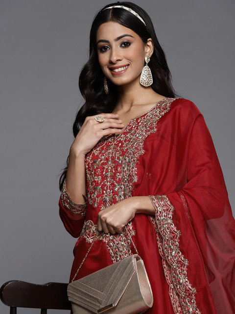 Indo Era Women Red Ethnic Motifs Embroidered Sequinned Liva Kurta with Trousers & Dupatta