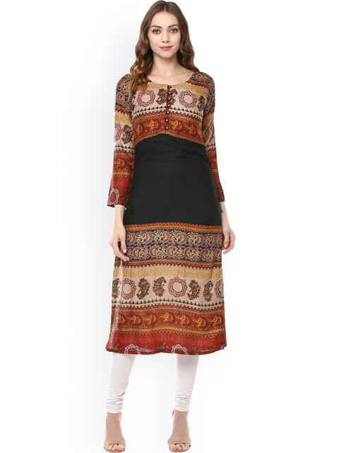 Ives Women Black & Brown Printed Straight Kurta