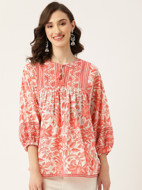 Jaipur Morni Coral Pink & White Floral Print Tie-Up Neck Top