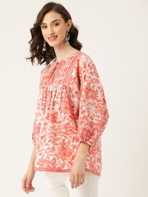 Jaipur Morni Coral Pink & White Floral Print Tie-Up Neck Top - Image 3