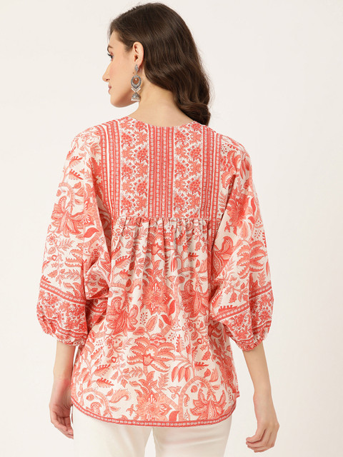 Jaipur Morni Coral Pink & White Floral Print Tie-Up Neck Top - Image 4