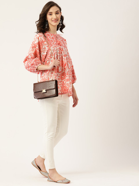 Jaipur Morni Coral Pink & White Floral Print Tie-Up Neck Top - Image 5