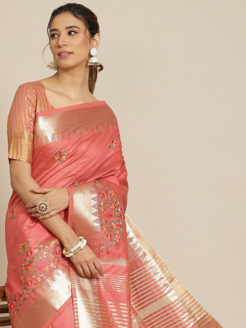 RAJGRANTH Peach-Coloured & Golden Floral Silk Cotton Saree
