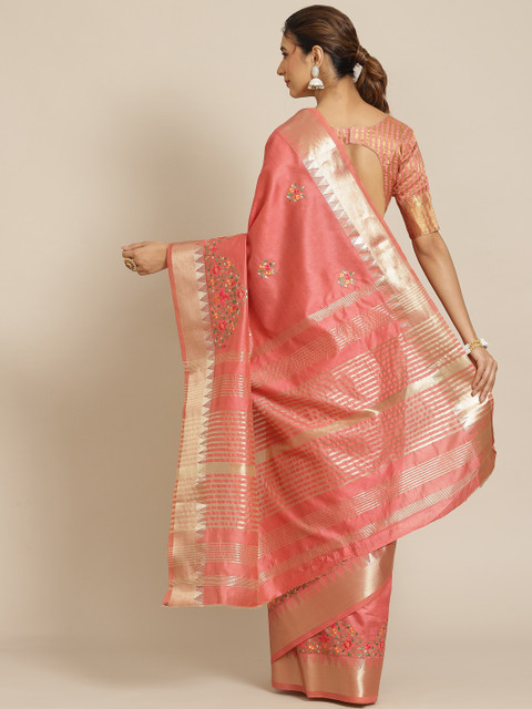 RAJGRANTH Peach-Coloured & Golden Floral Silk Cotton Saree - Image 3