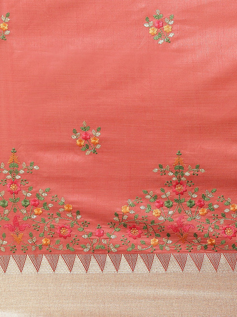 RAJGRANTH Peach-Coloured & Golden Floral Silk Cotton Saree - Image 4