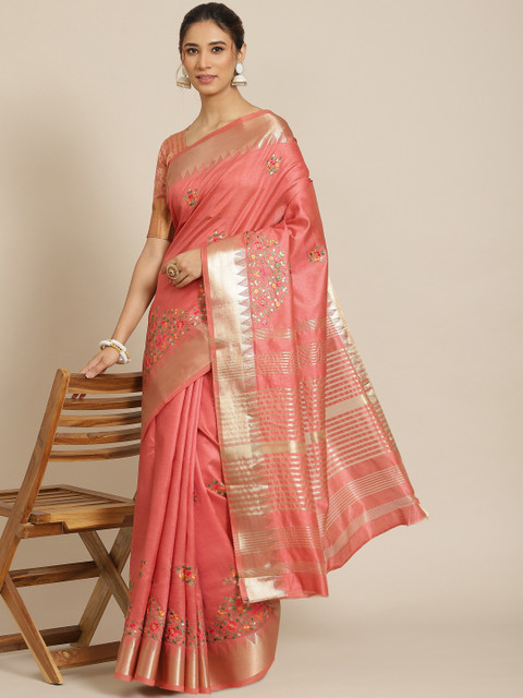 RAJGRANTH Peach-Coloured & Golden Floral Silk Cotton Saree - Image 2