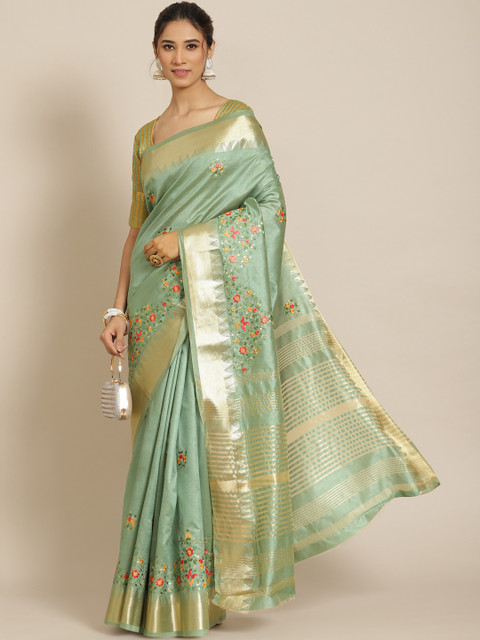 RAJGRANTH Green & Golden Floral Silk Cotton Saree