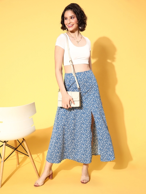 Berrylush Blue Ditsy Floral Print High-Rise A-Line Skirt - Image 3