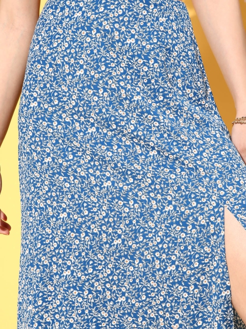 Berrylush Blue Ditsy Floral Print High-Rise A-Line Skirt - Image 2