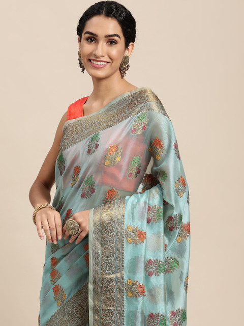 Mitera Blue & Yellow Ethnic Motifs Zari Organza Saree