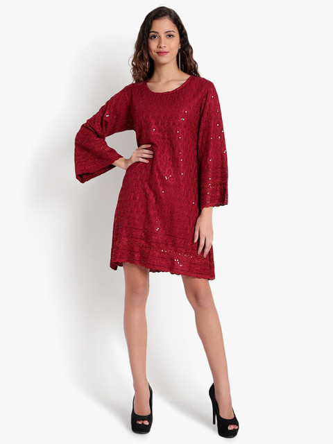 Indietoga Women Maroon Embroidered & Sequinned Scalloped A-Line Knee-Length Dress